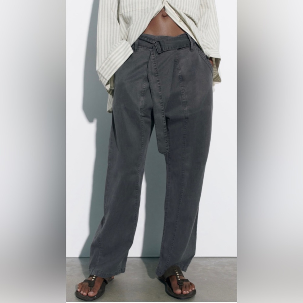 ZARA WOMAN ANTHRACITE GREY BELTED UTILITY PANTS SIZE L /M NWT
